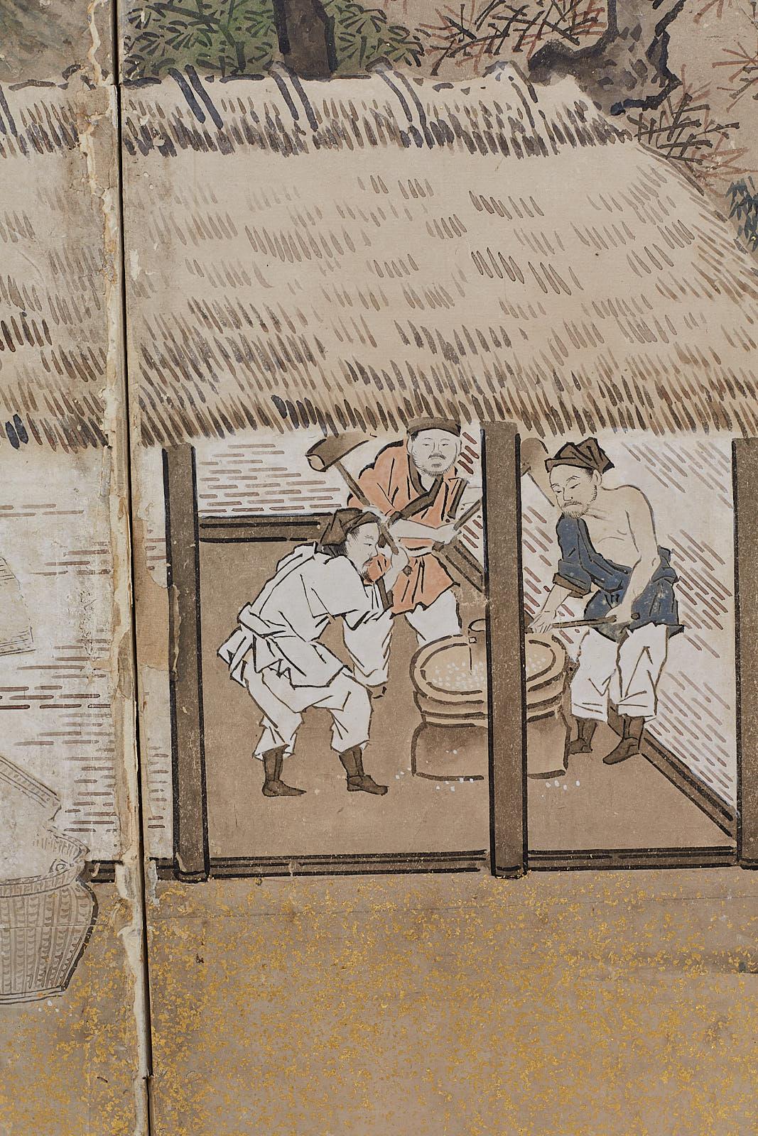 Japanese Edo Four-Panel Screen of Village Life 3