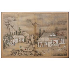 Japanese Edo Four-Panel Screen of Village Life