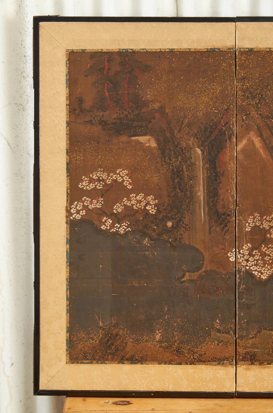 Japanese Edo Four Panel Table Screen Chinese Scholars Pavillion In Distressed Condition In Rio Vista, CA