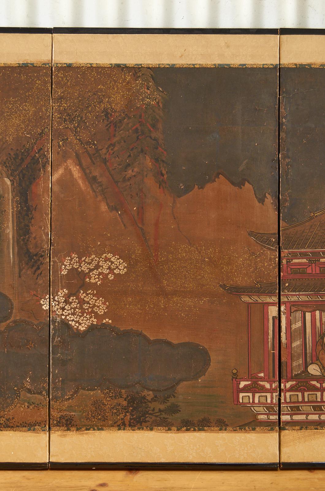 19th Century Japanese Edo Four Panel Table Screen Chinese Scholars Pavillion