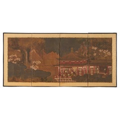 Japanese Edo Four Panel Table Screen Chinese Scholars Pavillion