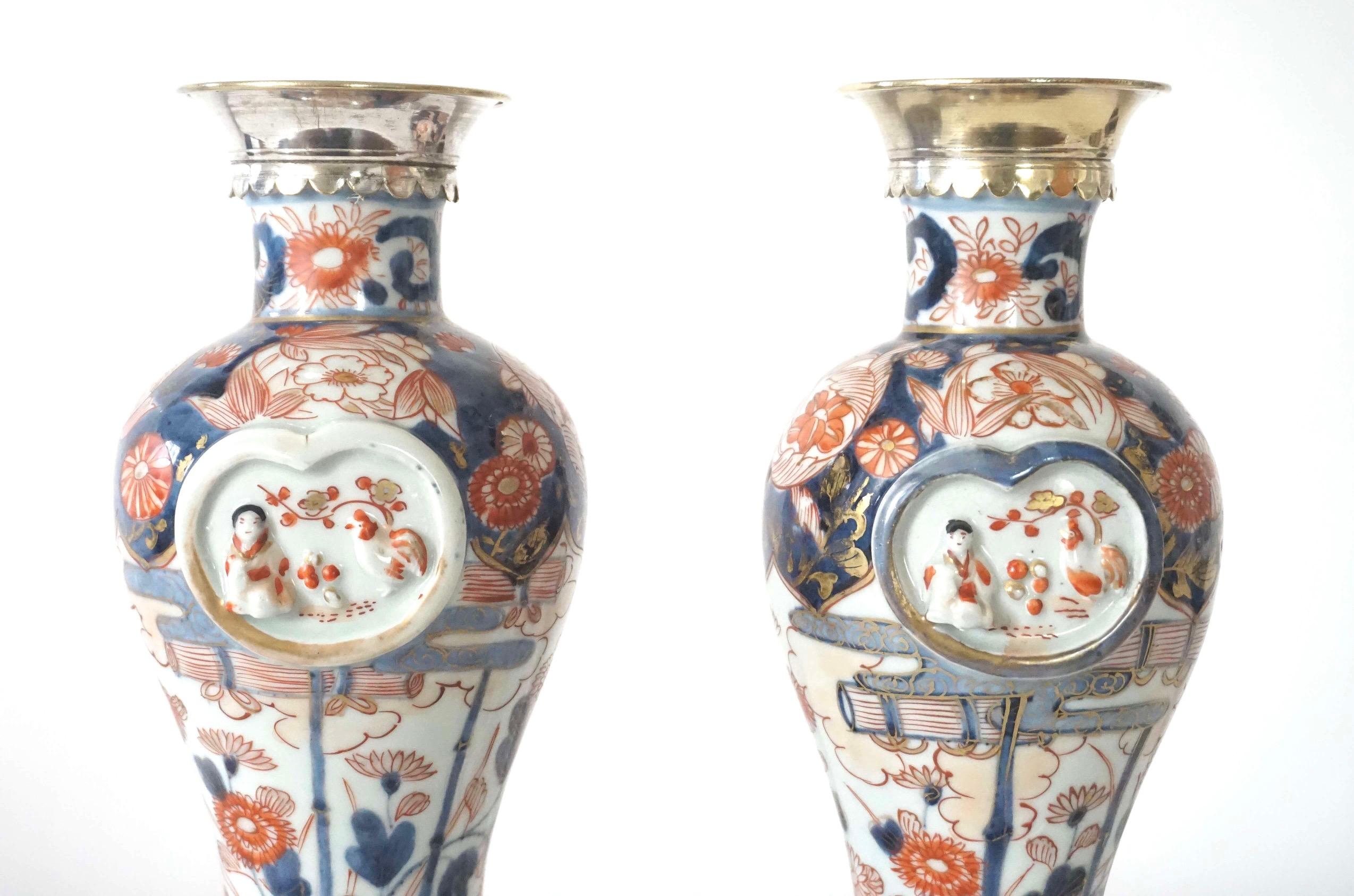 Metal Japanese Edo Imari Paktong Mounted Garniture Vases, Pair, circa 1720 For Sale