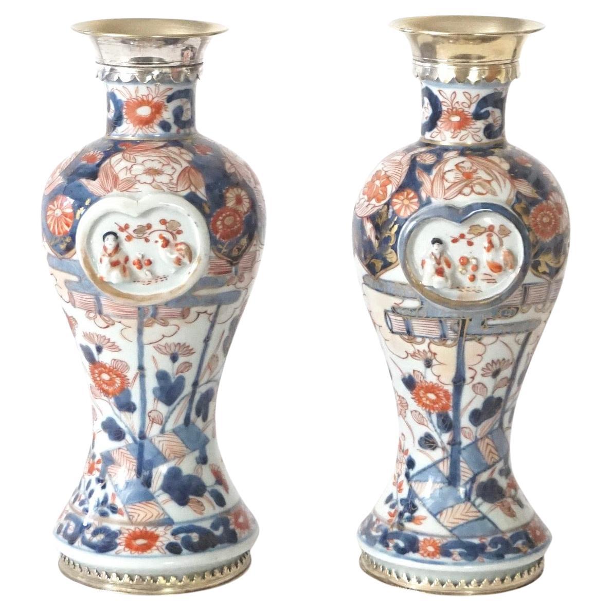 Japanese Edo Imari Paktong Mounted Garniture Vases, Pair, circa 1720