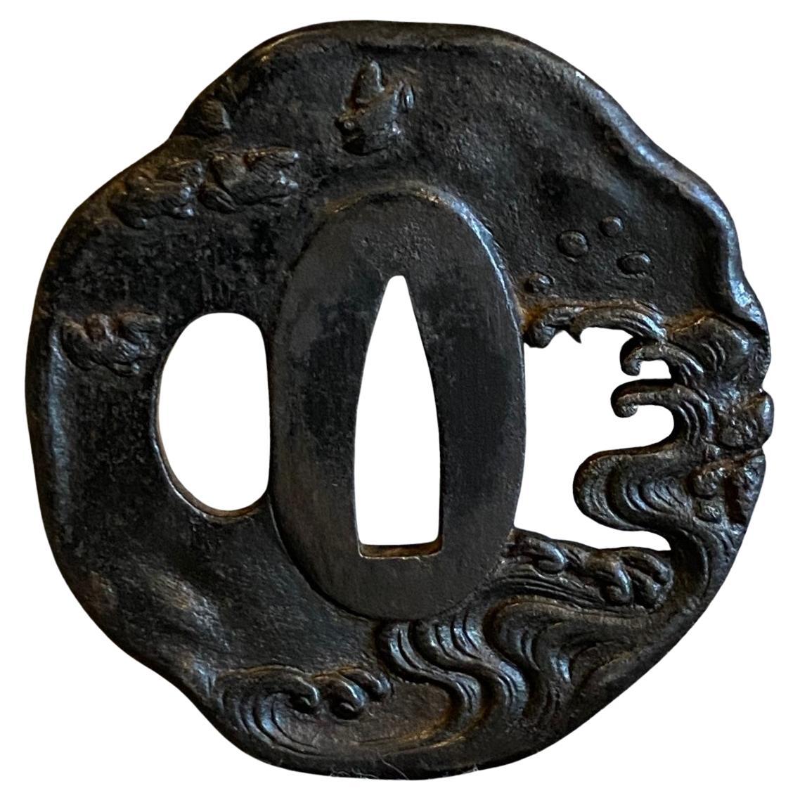 Japanese Edo Meiji Antique Tsuba Sword Hand Guard with Waves and Plovers Design