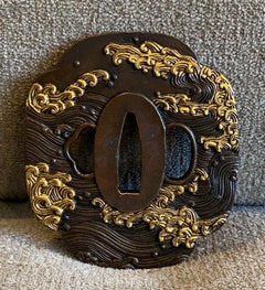 Japanese Edo Meiji Antique Tsuba Sword Hand Guard with Wave Motif Design