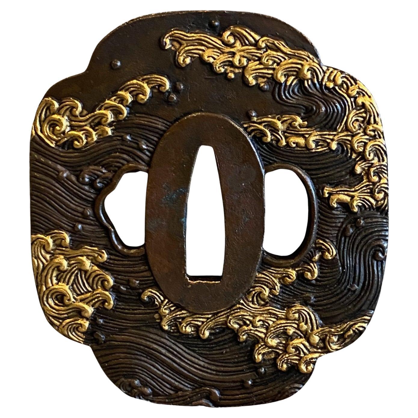 Japanese Edo Meiji Antique Tsuba Sword Hand Guard with Wave Motif Design