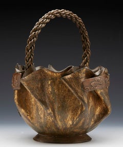 Japanese Edo/Meiji Gilded Bronze Folded Paper Handled Basket with Applications