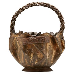 Japanese Edo/Meiji Gilded Bronze Folded Paper Handled Basket with Applications