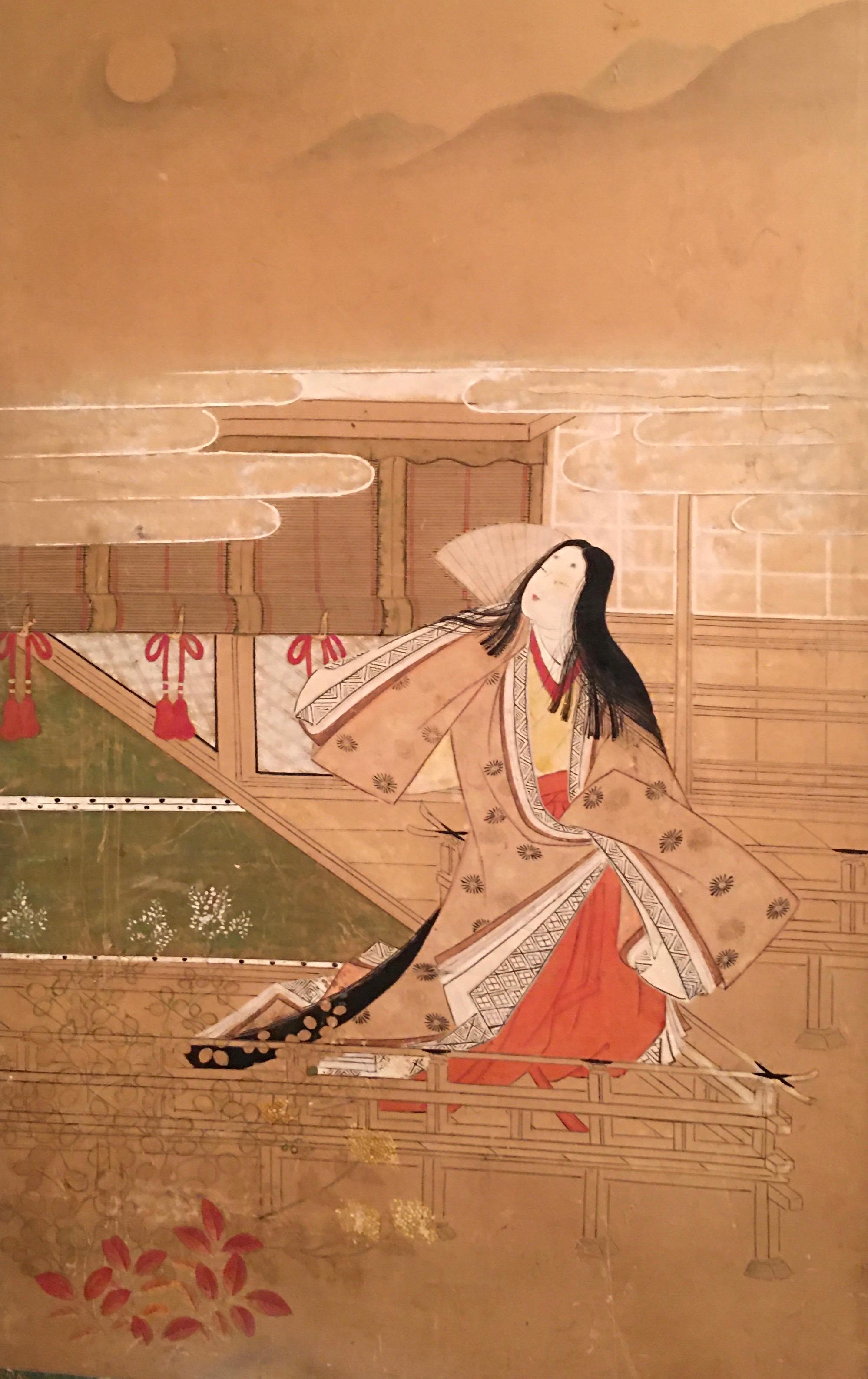 Japonais Paravent japonais peint à l'Edo avec scènes de cour impériale en vente