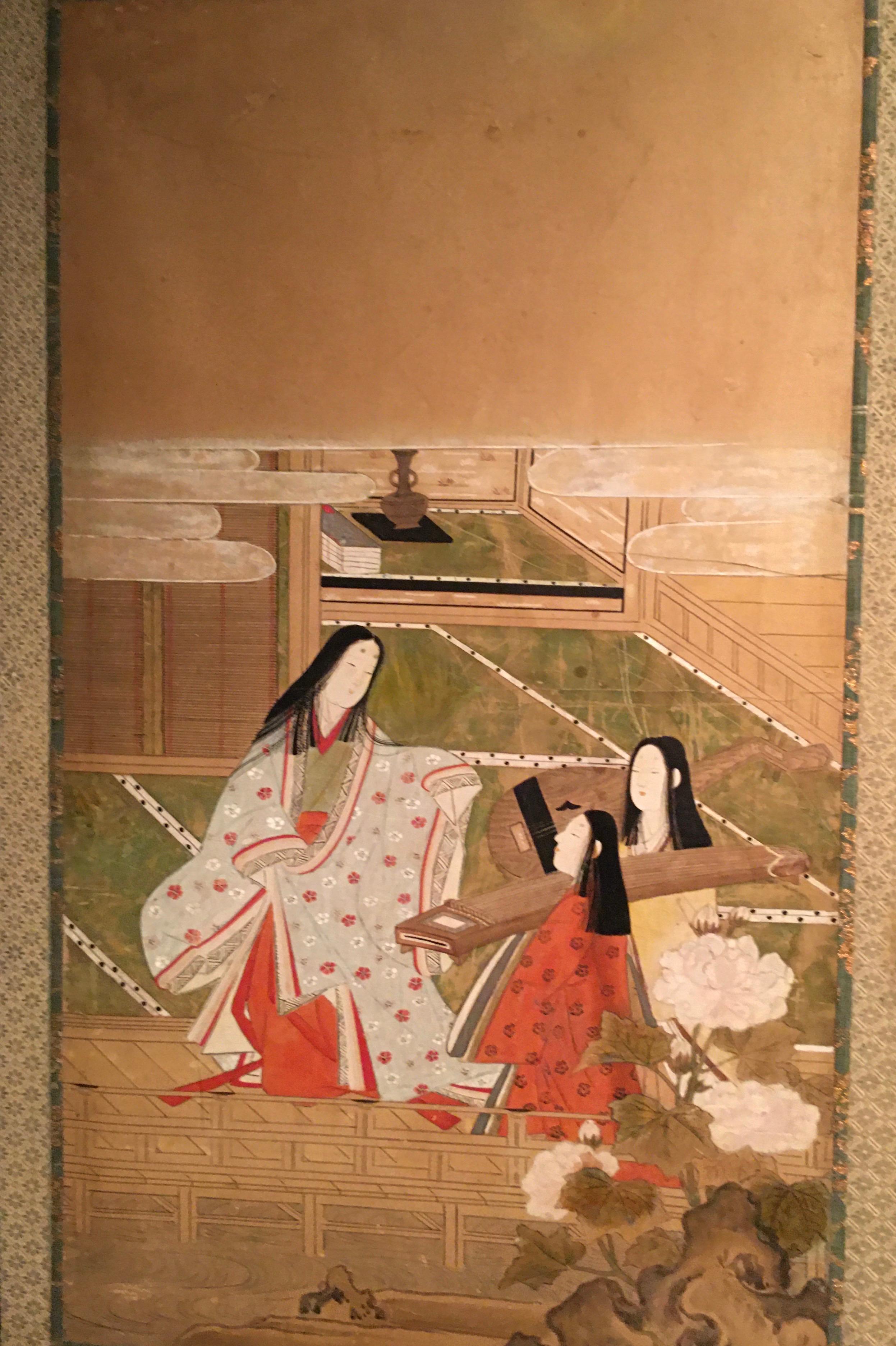 Paravent japonais peint à l'Edo avec scènes de cour impériale Bon état - En vente à New York, NY