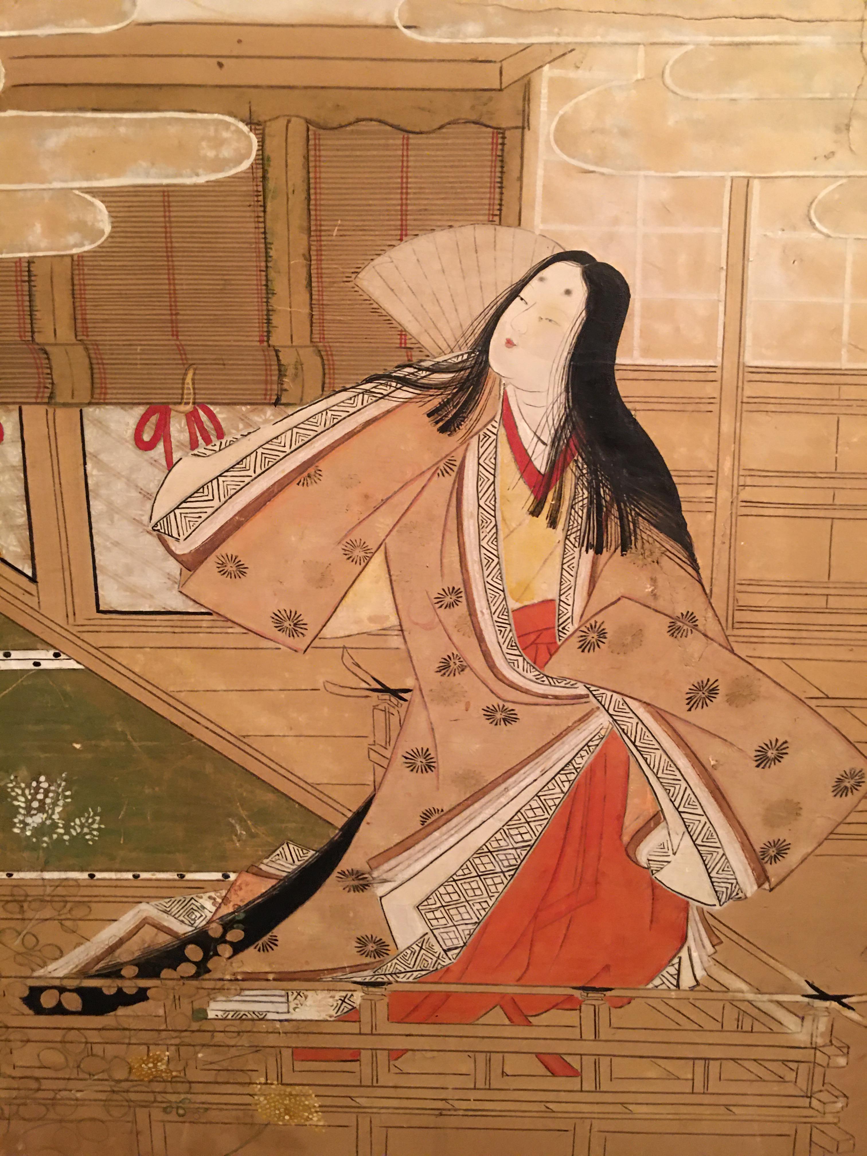 XVIIIe siècle et antérieur Paravent japonais peint à l'Edo avec scènes de cour impériale en vente