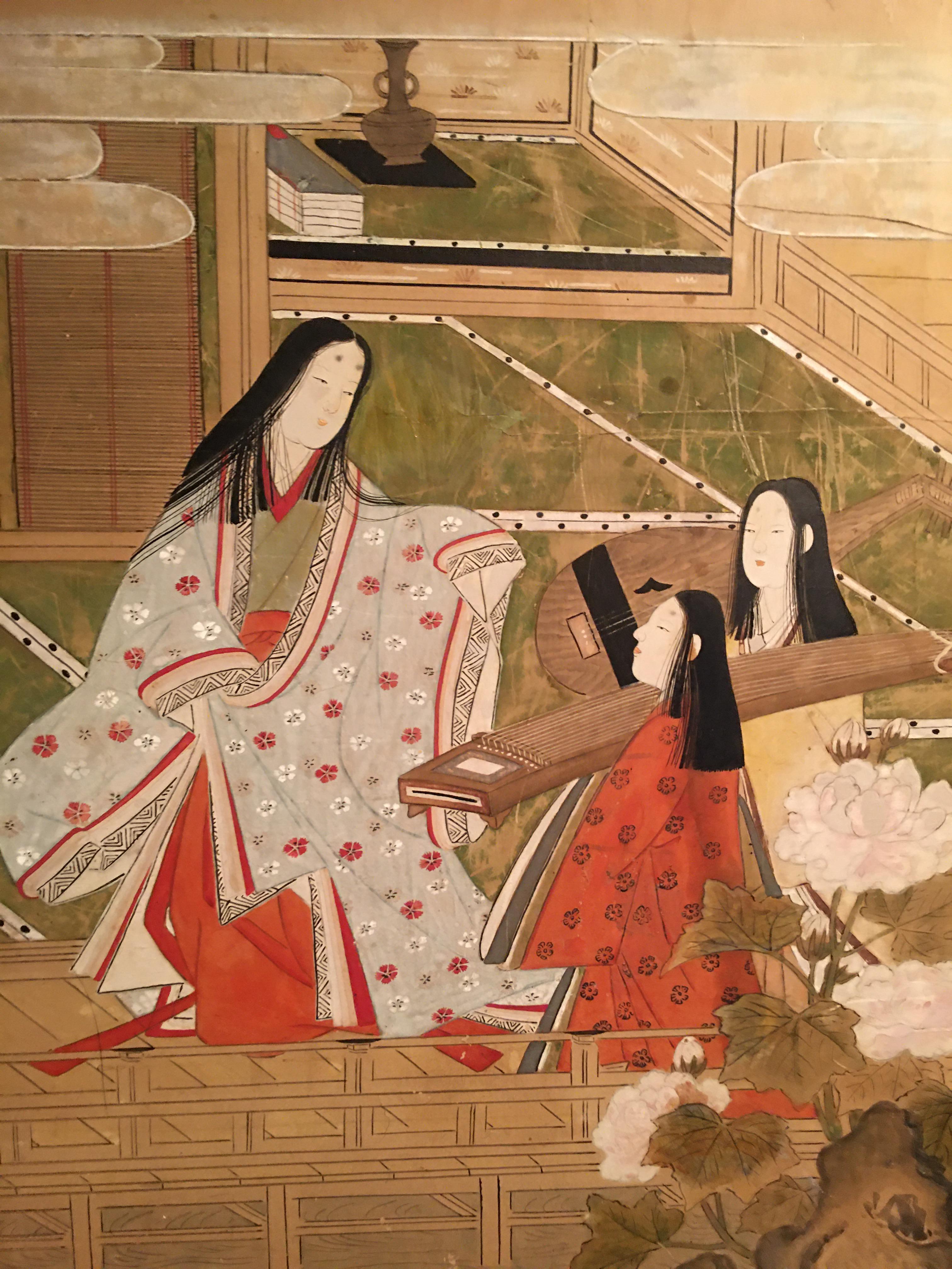 Laque Paravent japonais peint à l'Edo avec scènes de cour impériale en vente