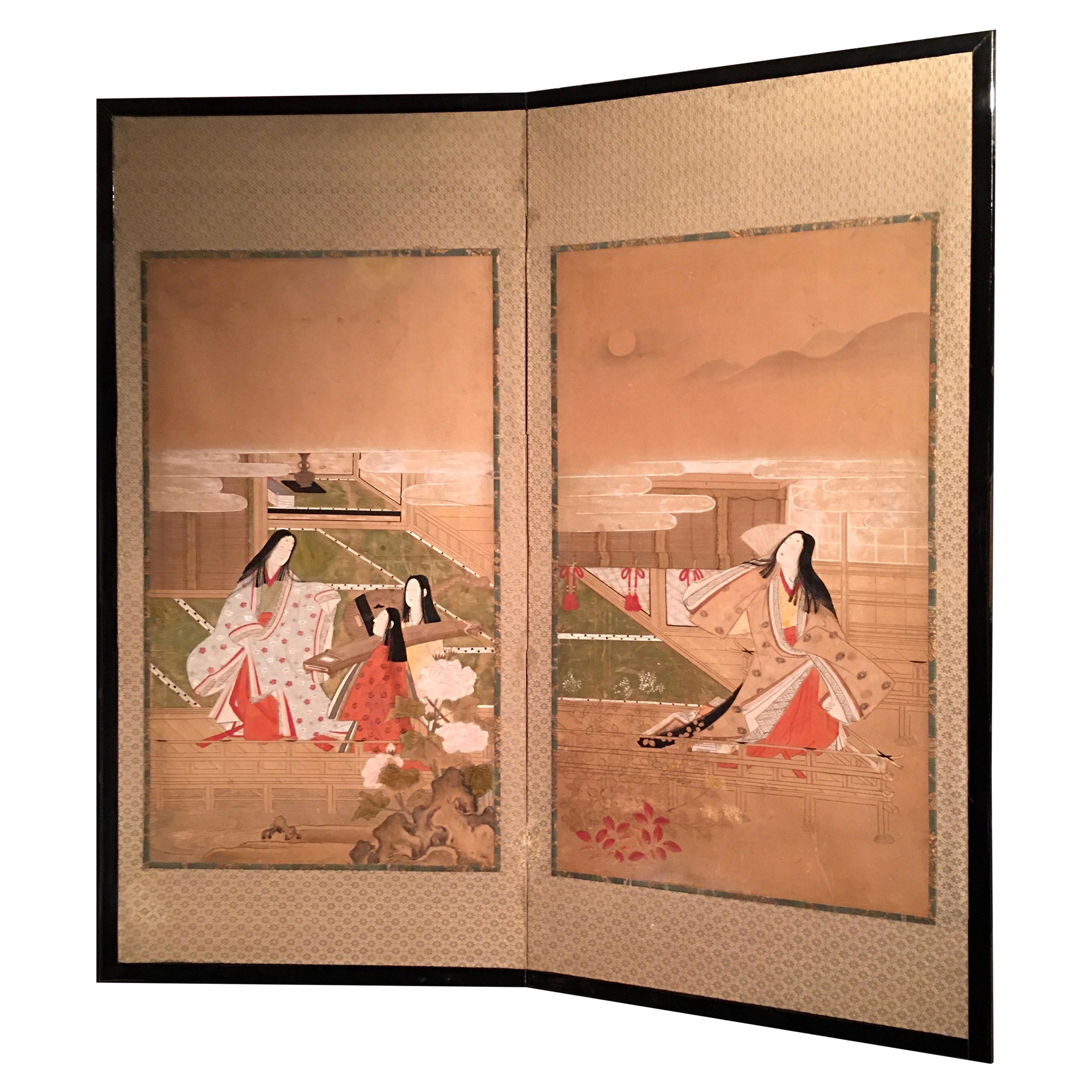 Japanese Edo Painted Screen with Imperial Court Scenes