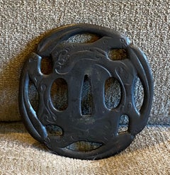 Japanese Edo Period Antique Tsuba Samurai Sword Hand Guard with Waves Design