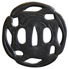 Japanese Edo Period Antique Tsuba Samurai Sword Hand Guard with Waves Design