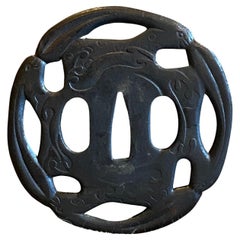 Japanese Edo Period Antique Tsuba Samurai Sword Hand Guard with Waves Design