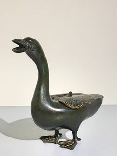 Japanese Edo Period Bronze and Champleve Goose Form Censer, Mid-19th Century