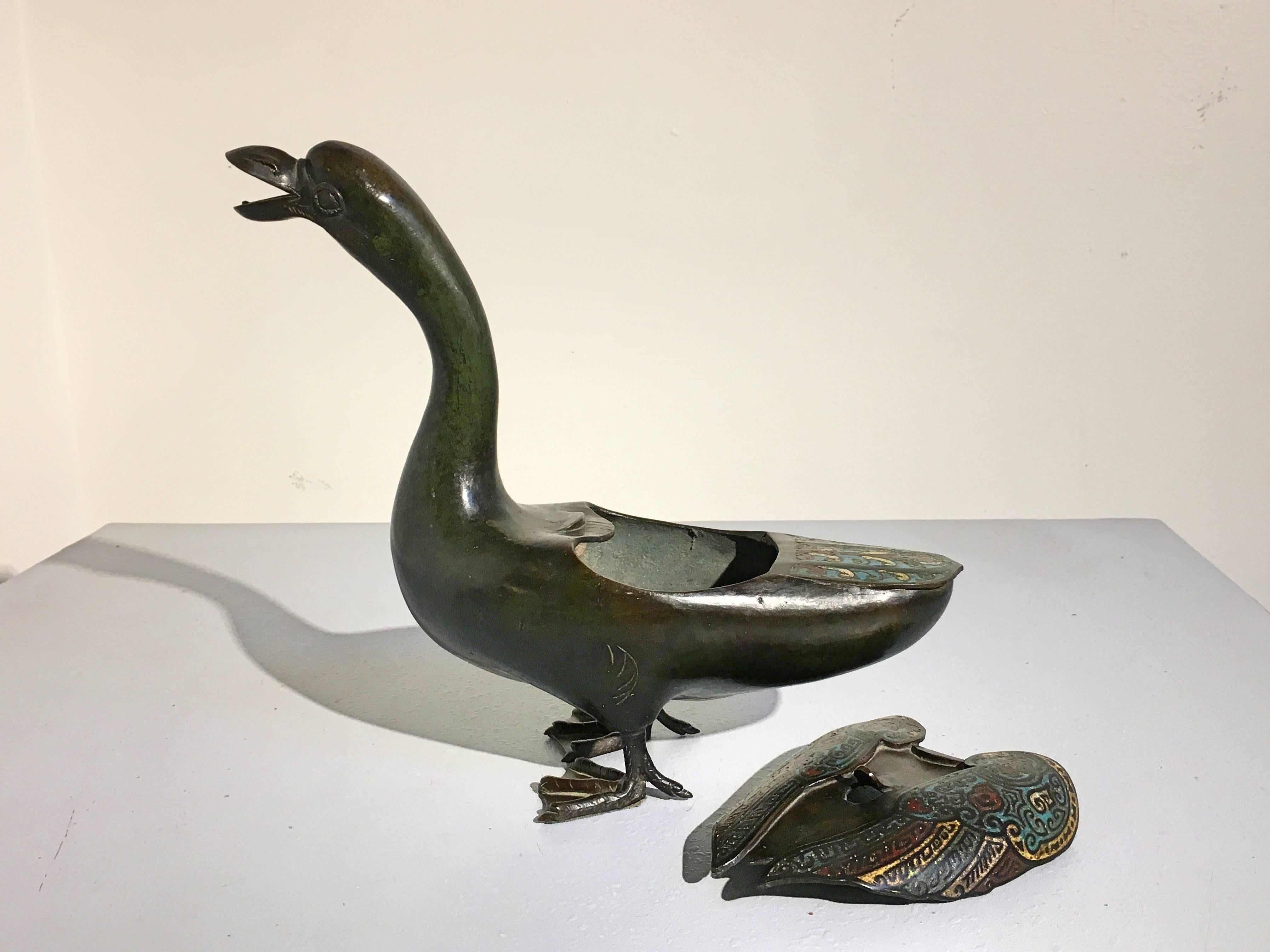 Cast Japanese Edo Period Bronze and Champleve Goose Form Censer, Mid-19th Century