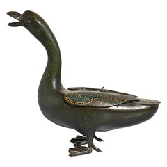 Antique Japanese Edo Period Bronze and Champleve Goose Form Censer, Mid-19th Century