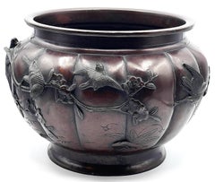 Japanese Edo Period Bronze Jardinière w/ Birds & Cherry Blossom Tree, 19th C.