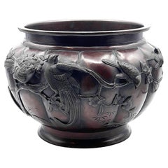 Japanese Edo Period Bronze Jardinière w/ Birds & Cherry Blossom Tree, 19th C.
