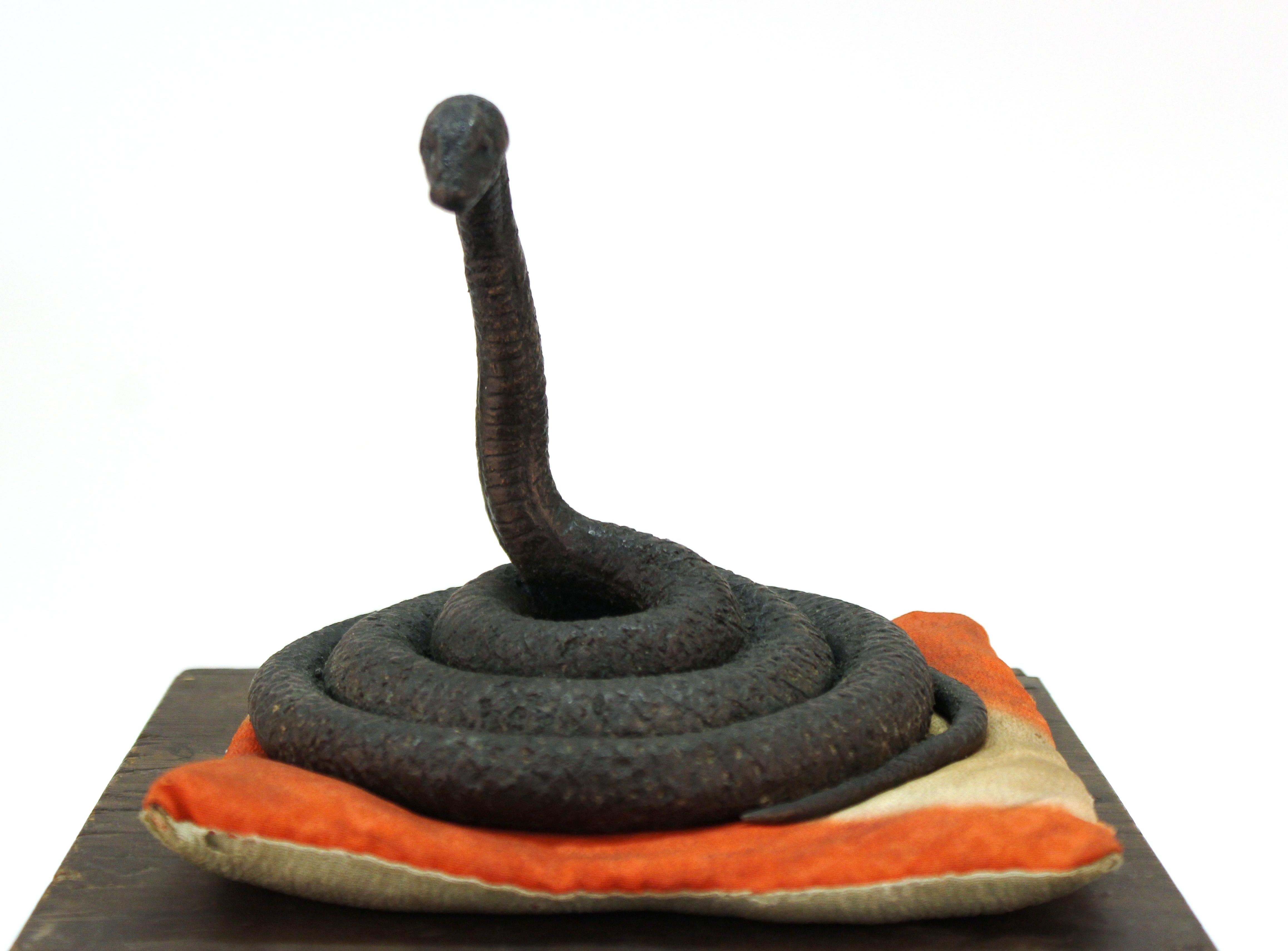 19th Century Japanese Edo Period Bronze Snake with Wood Shrine