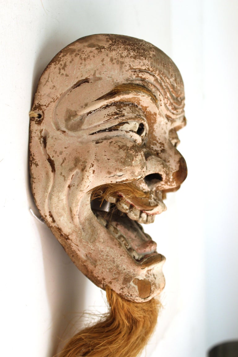 19th Century Japanese Edo Period Carved Wood Mask of Man with Golden Beard For Sale