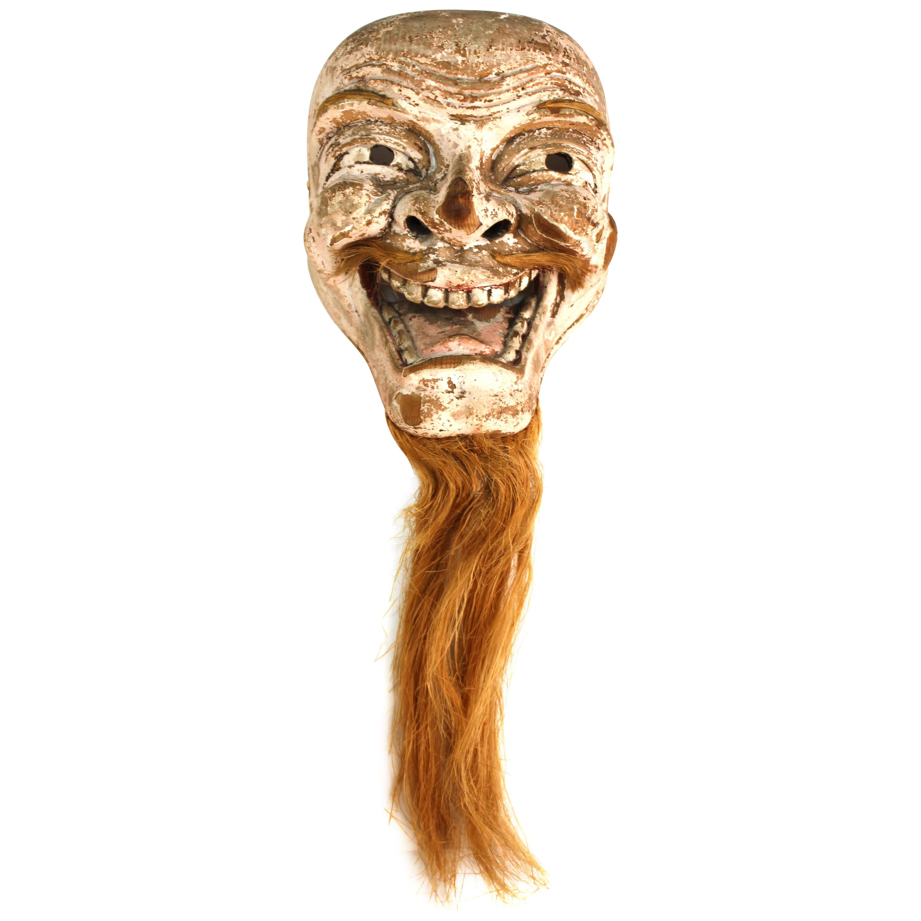 Japanese Edo Period Carved Wood Mask of Man with Golden Beard