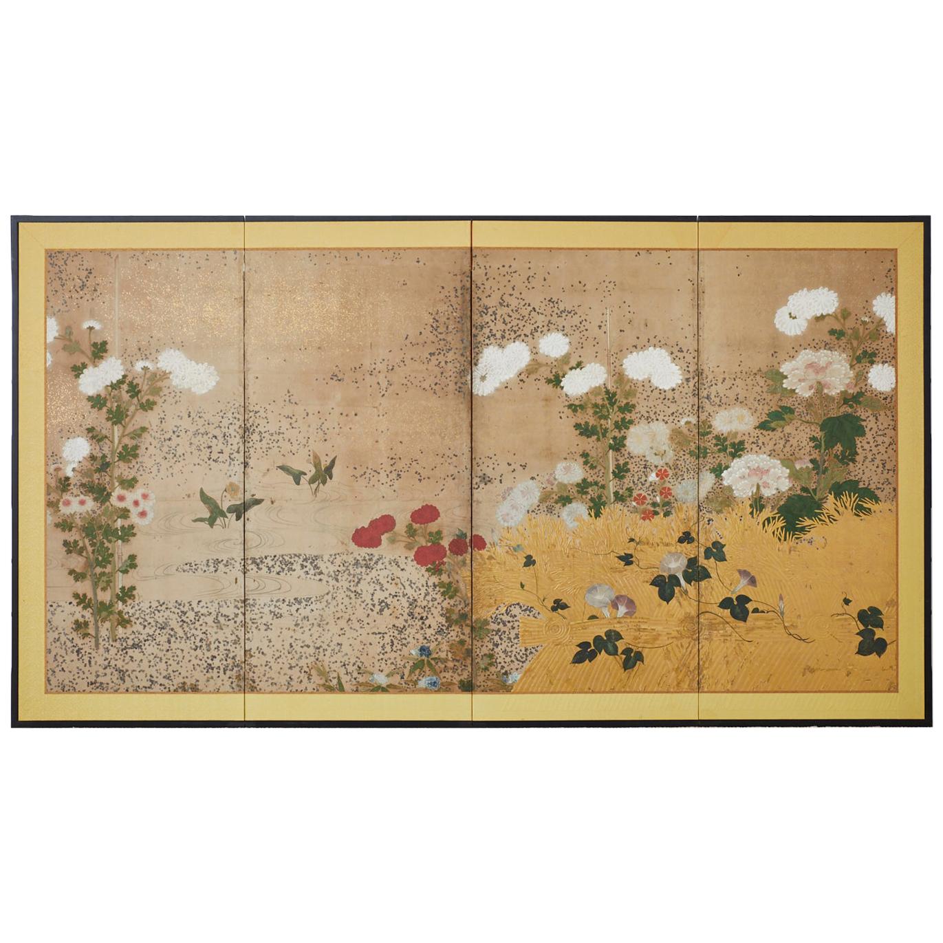 Japanese Edo Period Four-Panel Moriage Screen
