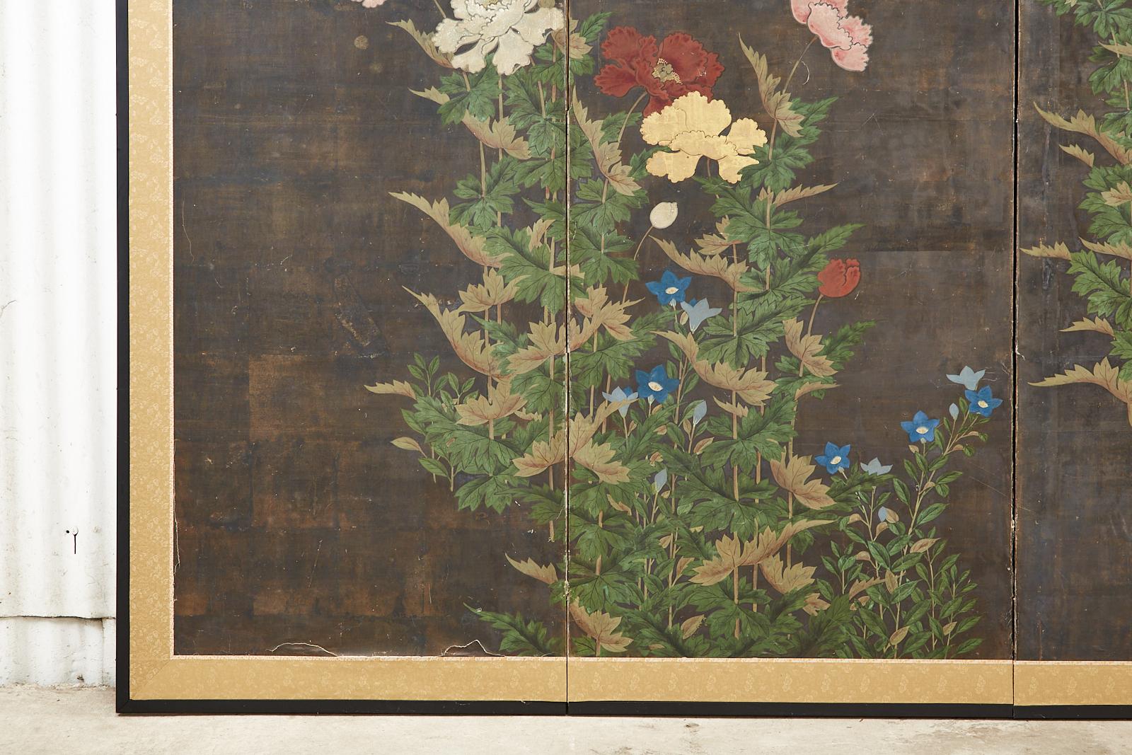 Japanese Edo Period Four Panel Screen Flowering Peony 3