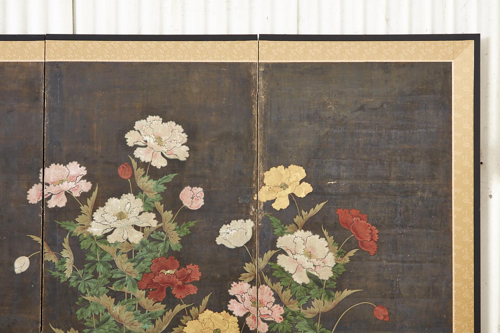 Japanese Edo Period Four Panel Screen Flowering Peony 4