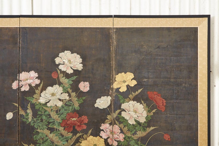 Japanese Edo Period Four Panel Screen Flowering Peony For Sale 5