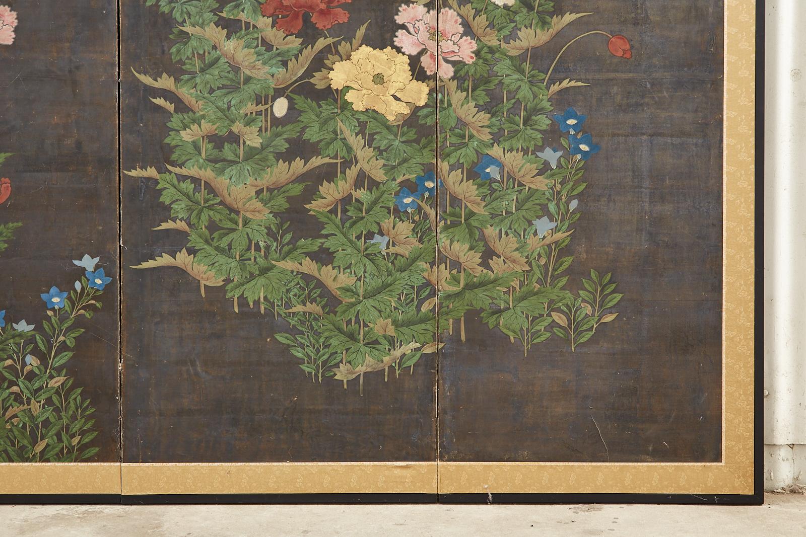 Japanese Edo Period Four Panel Screen Flowering Peony 5