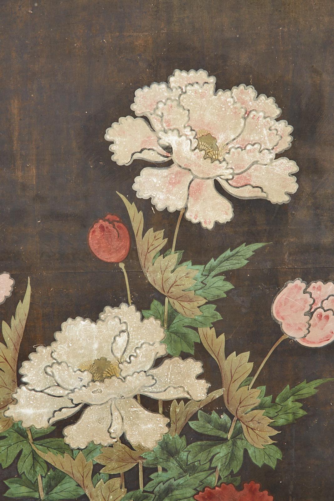 Japanese Edo Period Four Panel Screen Flowering Peony 7