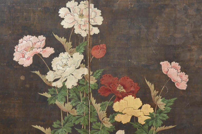 Japanese Edo Period Four Panel Screen Flowering Peony For Sale 9