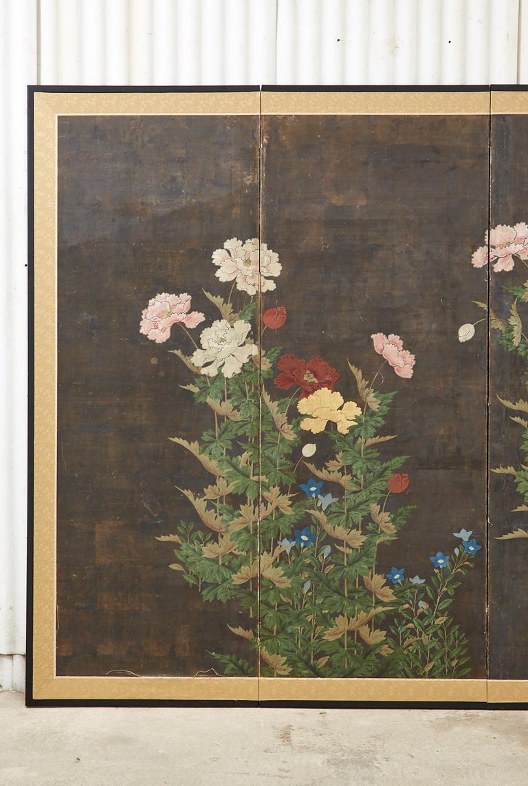 Hand-Crafted Japanese Edo Period Four Panel Screen Flowering Peony For Sale