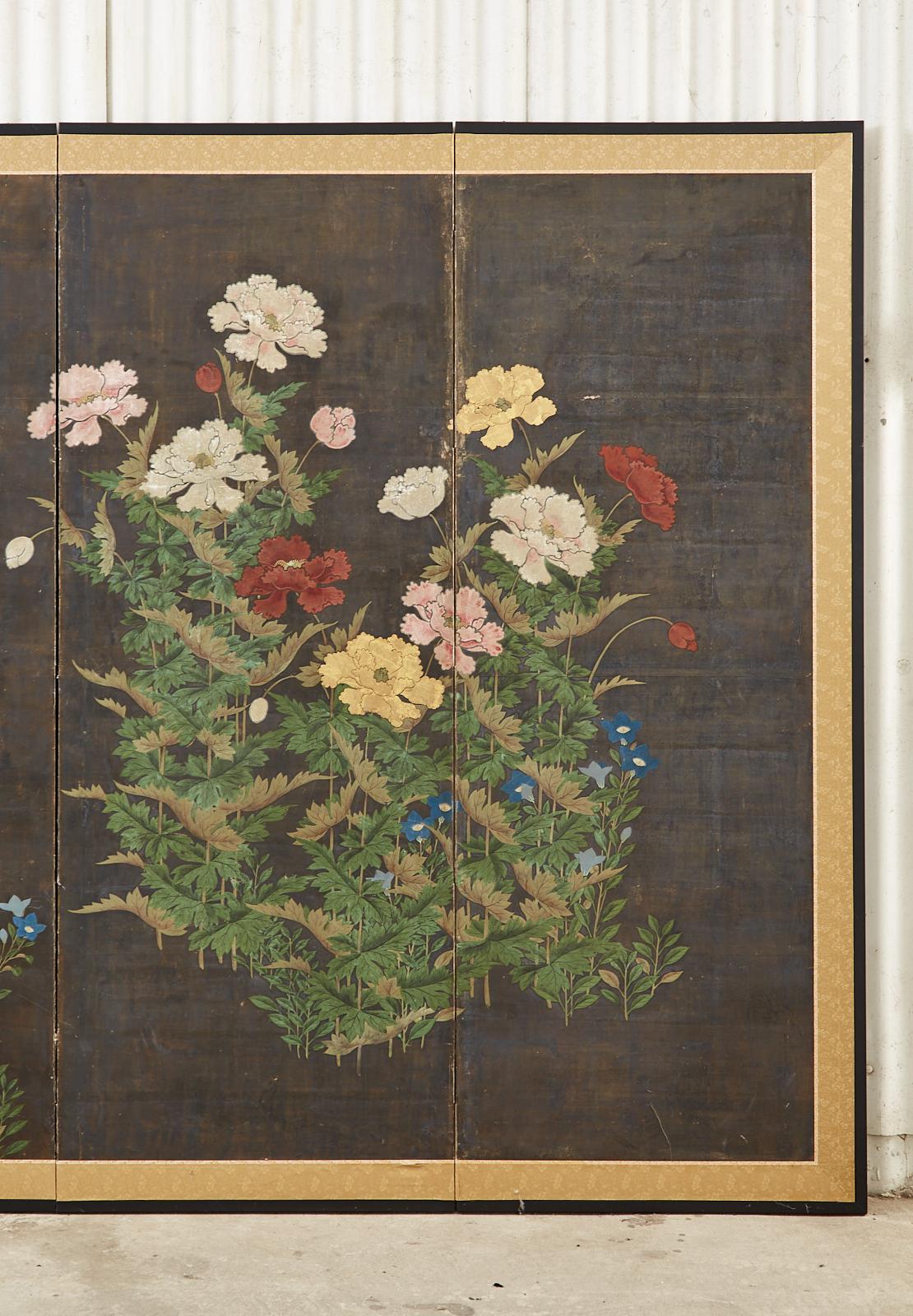 Hand-Crafted Japanese Edo Period Four Panel Screen Flowering Peony