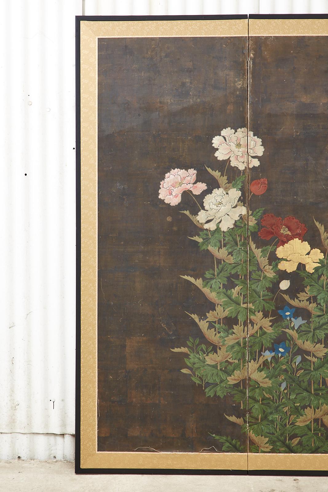 Japanese Edo Period Four Panel Screen Flowering Peony In Distressed Condition In Rio Vista, CA