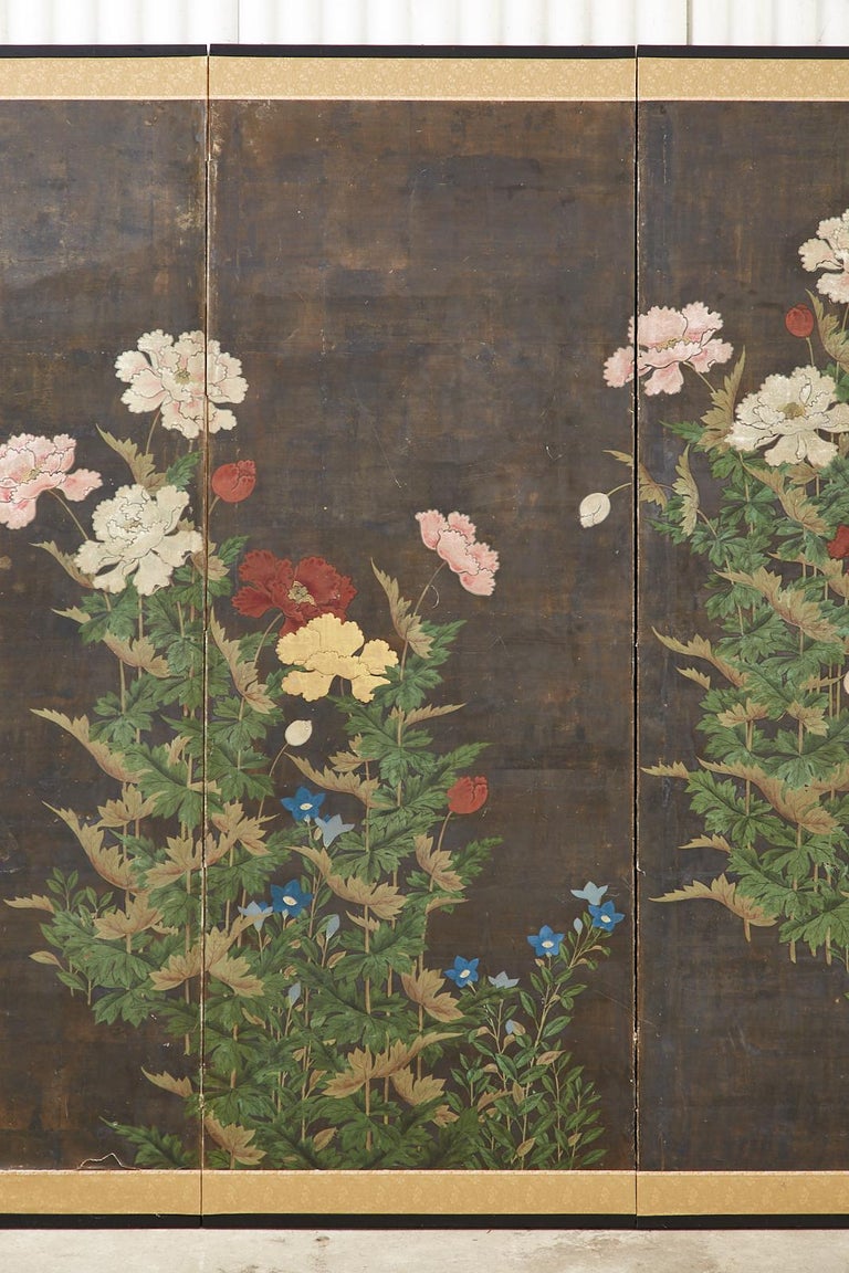 Silver Leaf Japanese Edo Period Four Panel Screen Flowering Peony For Sale