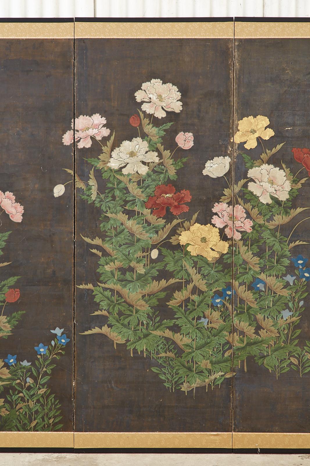 Silver Leaf Japanese Edo Period Four Panel Screen Flowering Peony