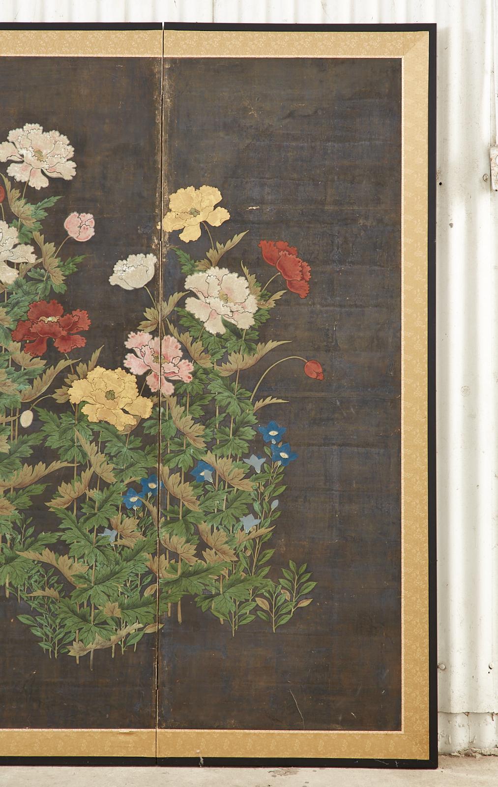 Japanese Edo Period Four Panel Screen Flowering Peony 1