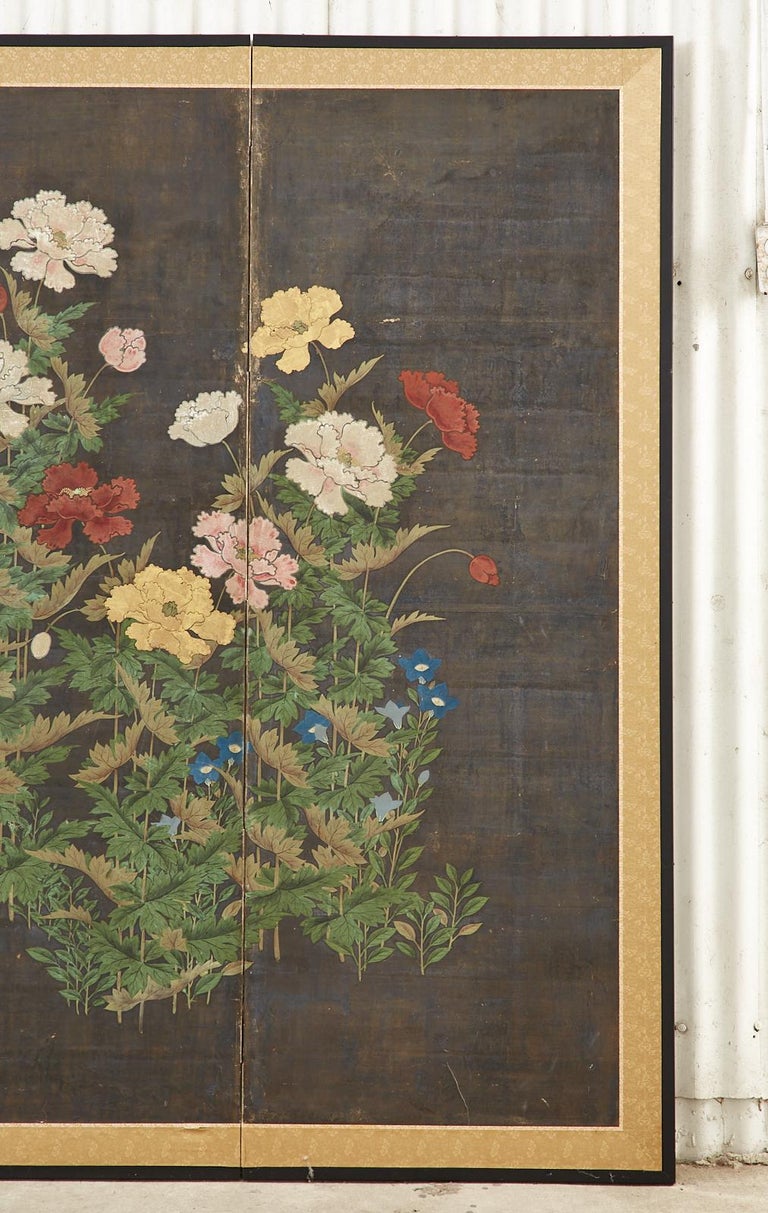 Japanese Edo Period Four Panel Screen Flowering Peony For Sale 2