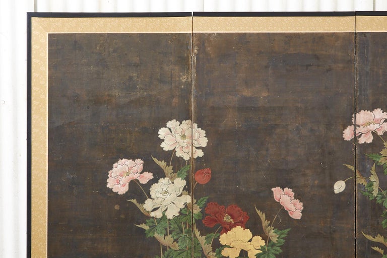 Japanese Edo Period Four Panel Screen Flowering Peony For Sale 3