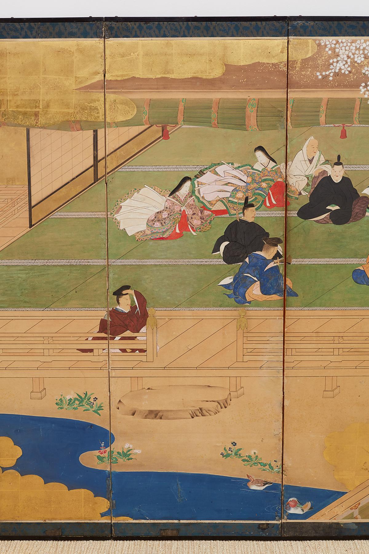 Ebonized  Japanese Edo Period Kano School Six Panel Screen
