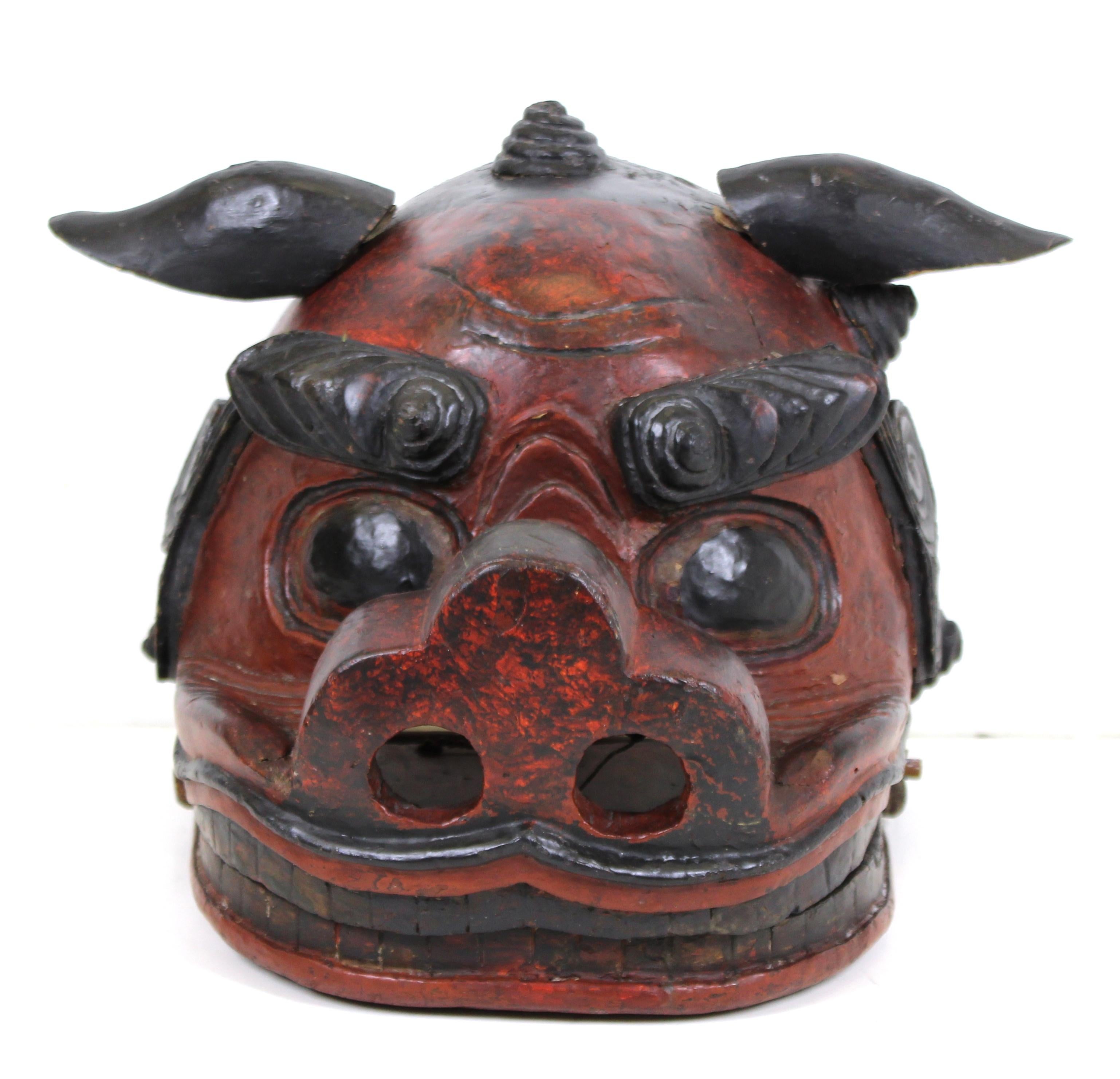 A rare Edo period (17th century-18th century) Japanese lion mask for the Gion Festival. This mask was part of a two-man costume, with one man holding the mask and the other at the back covered with fabric to perform the traditional Lion Dance. An