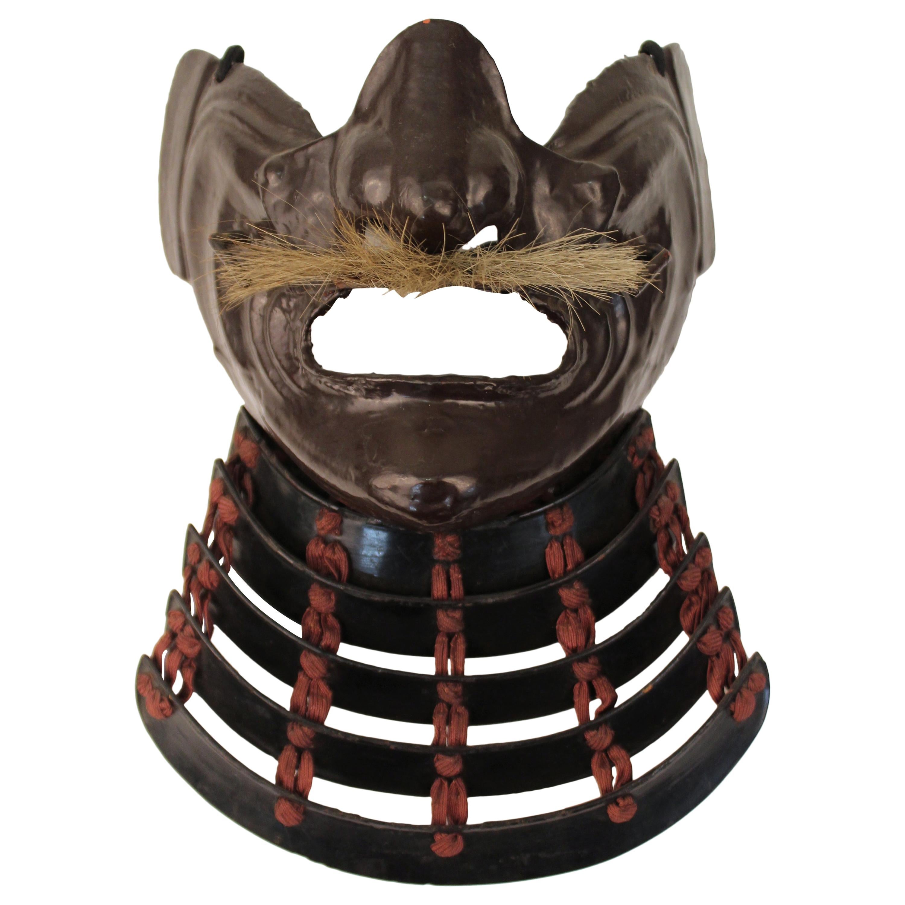 Japanese Edo Period Mempo Armor Mask in Lacquered Leather over Iron For Sale