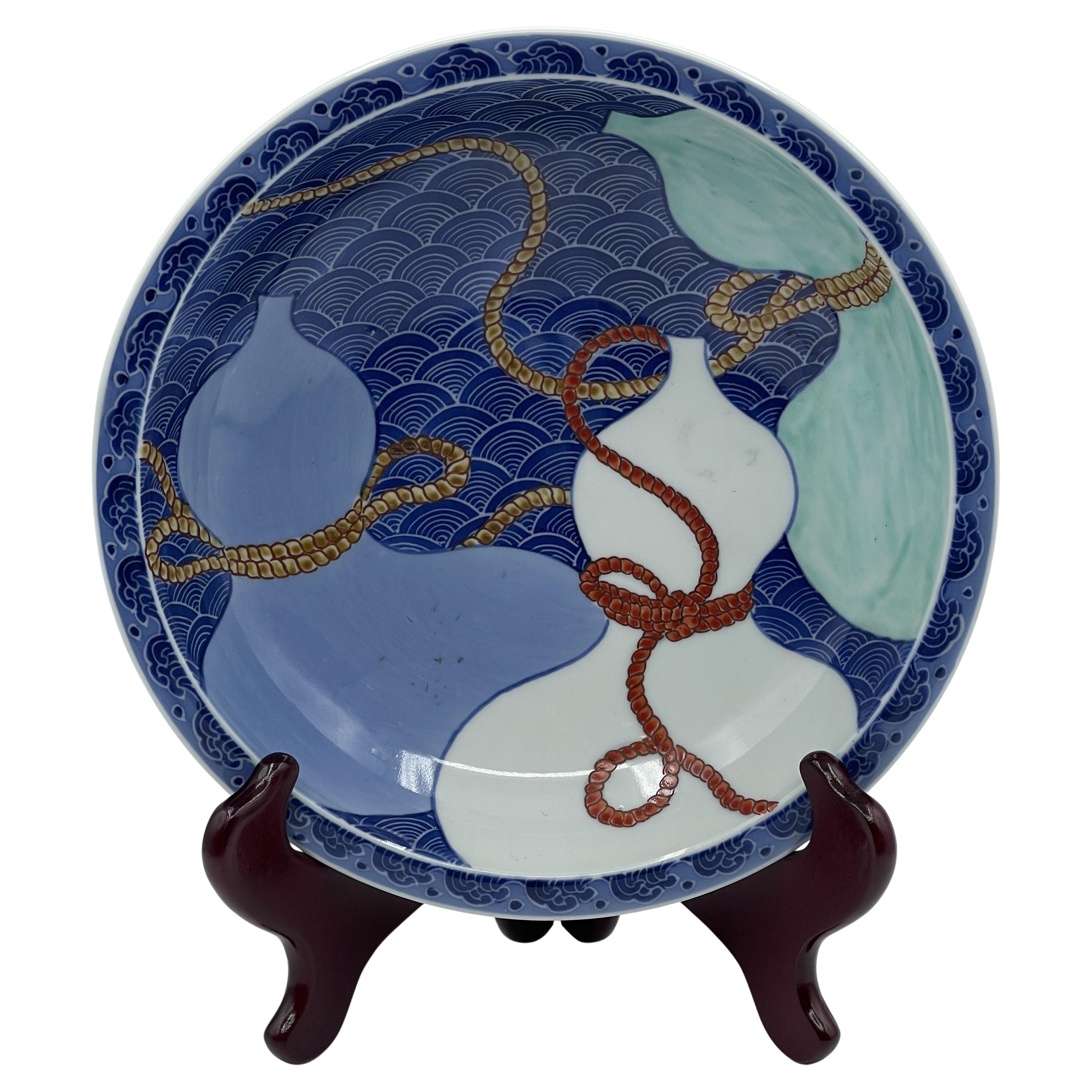 Japanese Edo Period Nabashima Porcelain Plate with Three Sake Bottles, Ca. 1850