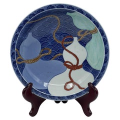 Japanese Edo Period Nabashima Porcelain Plate with Three Sake Bottles, Ca. 1850