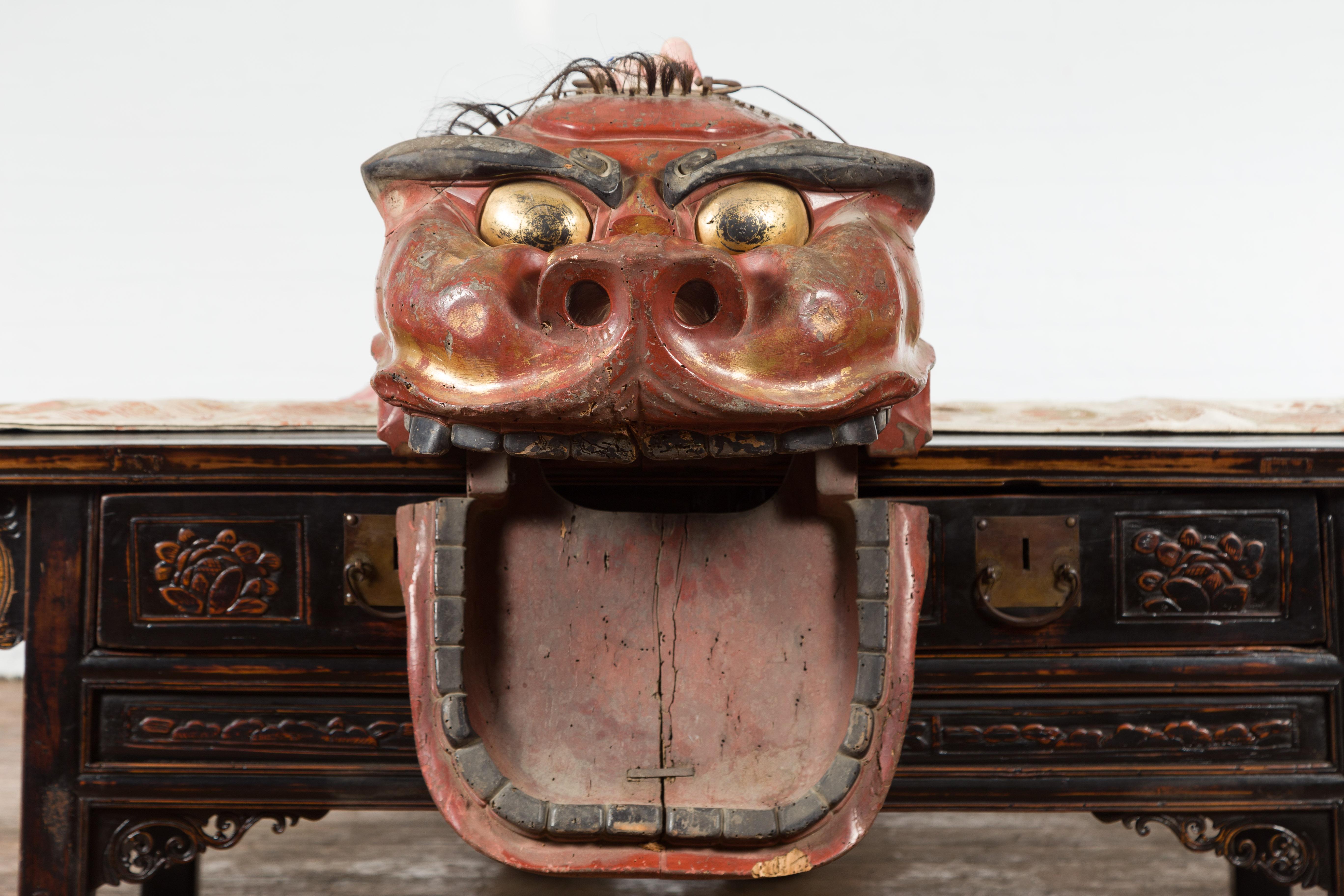 Japanese Edo Period Noh Theater Mask with Red, Black and Golden Patina For Sale 1