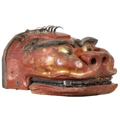 Japanese Edo Period Noh Theater Mask with Red, Black and Golden Patina